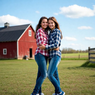 Twin girls hugging by red barn