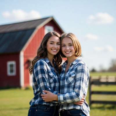 Smiling sisters hugging by red barn