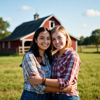 Two girls hugging in front of red barn