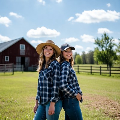 Two smiling women in plaid shirts by barn