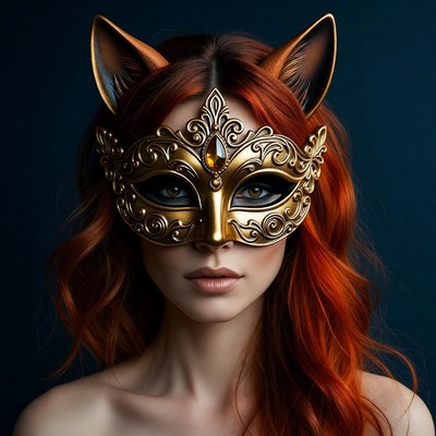 Redhead woman in golden fox mask