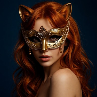 Redhead woman in cat gold mask