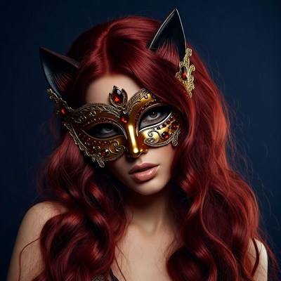 Woman in red cat mask