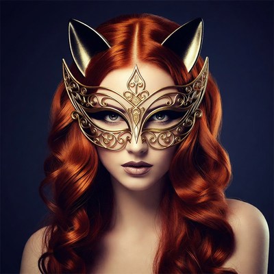 Woman with cat ear gold mask
