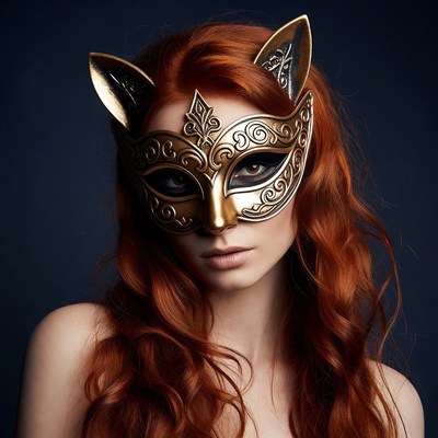 Woman in gold cat mask