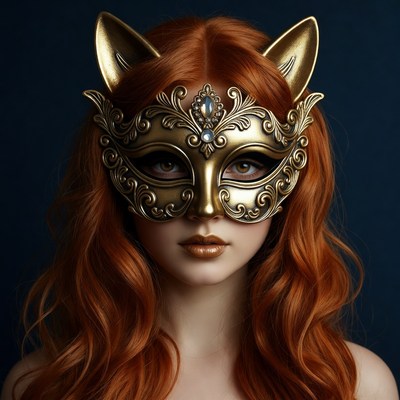 Woman in golden cat mask