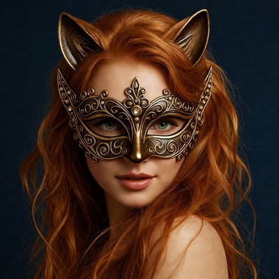 Woman in golden cat ear mask