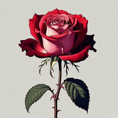 Red Rose with Stem and Leaves