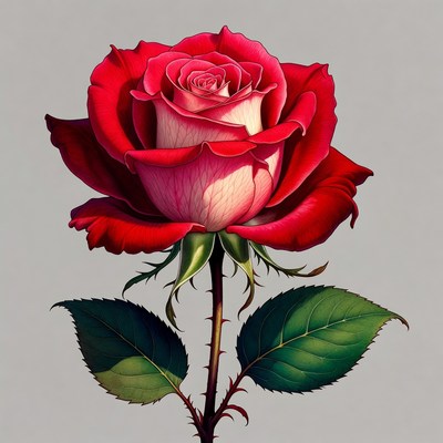 Red Rose with Stem and Leaves