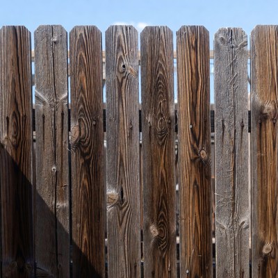 Weathered wooden fence against blue sky