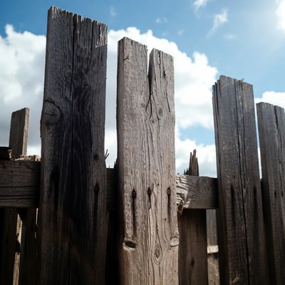 Weathered wooden fence posts blue sky