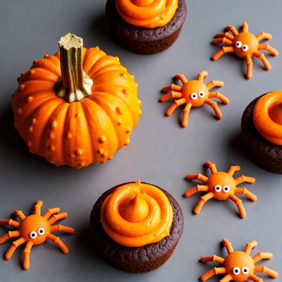 Halloween Cupcakes with Pumpkin and Spiders