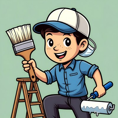 Cartoon boy painting on ladder