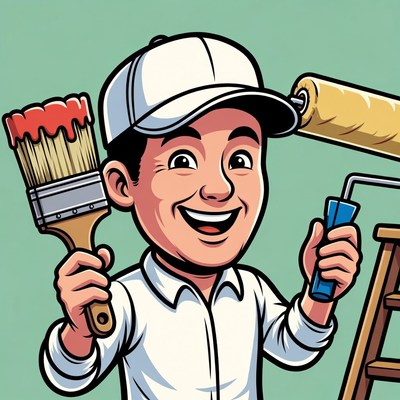 Cartoon painter holding brush and roller