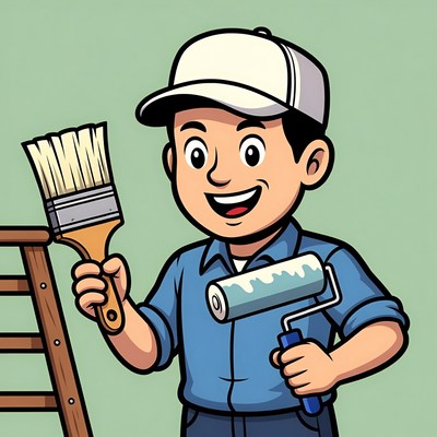 Cartoon Asian man painting ladder