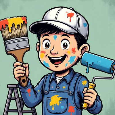 Cartoon boy painter with brushes and roller