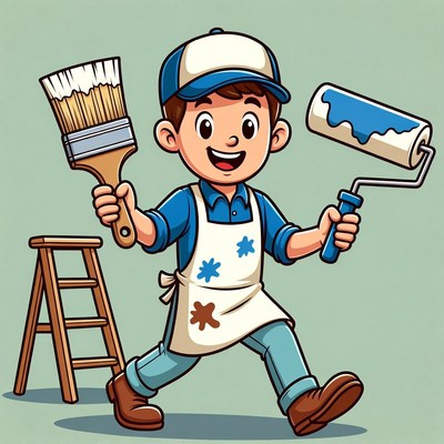 Cartoon boy painter with brush and roller