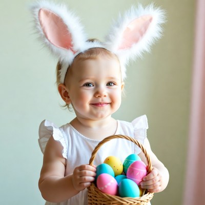 Baby girl in bunny ears holding Easter eggs