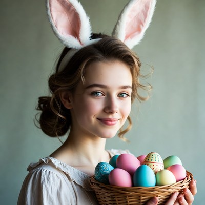 Girl with bunny ears holding Easter eggs