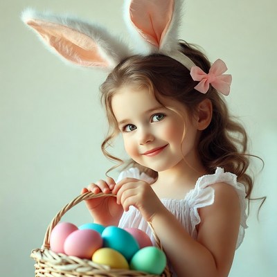 Girl holding Easter basket with eggs