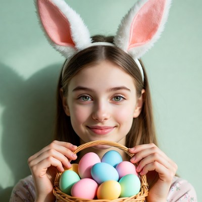Girl with bunny ears holding Easter eggs