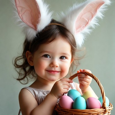 Toddler girl with bunny ears holding Easter basket