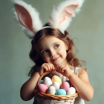 Girl with bunny ears holding Easter eggs