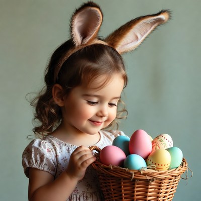 Toddler girl holding Easter eggs basket