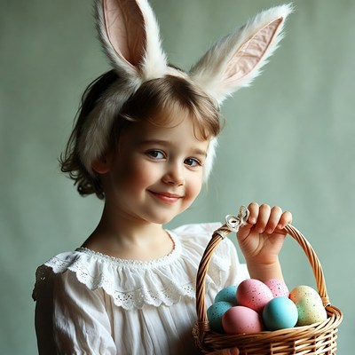 Girl with bunny ears holding Easter eggs