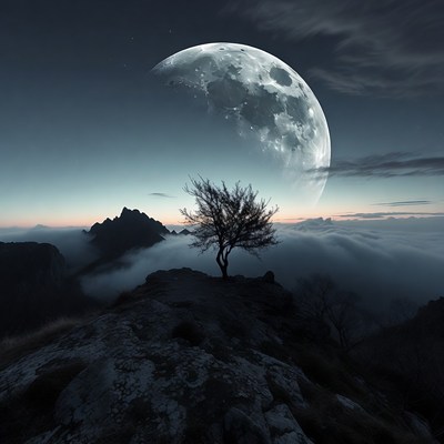 Lonely Tree on Mountain Under Giant Moon
