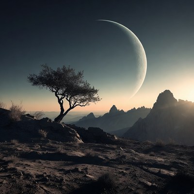 Lonely Tree Under Crescent Moon Mountains
