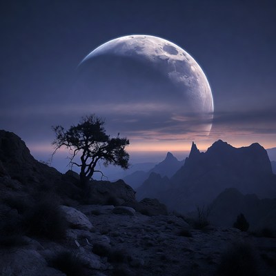 Large Moon Over Tree and Mountains