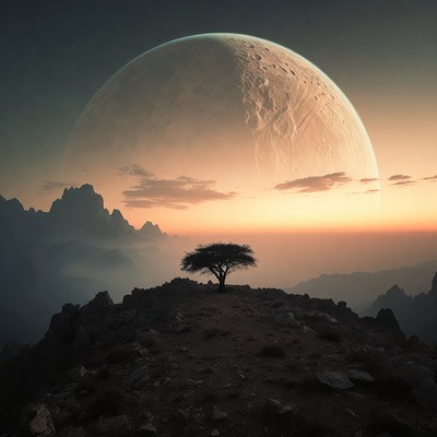 Lonely Tree on Mountain with Giant Moon
