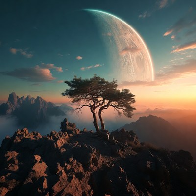 Solitary Pine Tree on Mountain with Moon