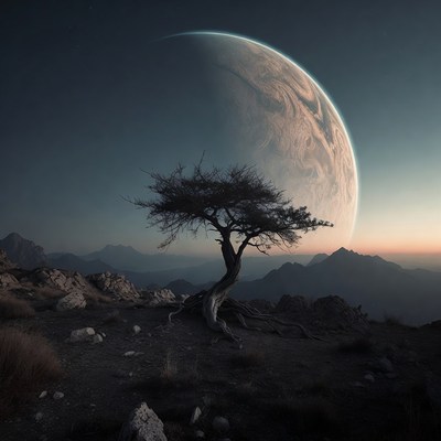 Lonely Tree Before Giant Moon