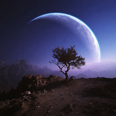 Lonely Tree Under Crescent Moon
