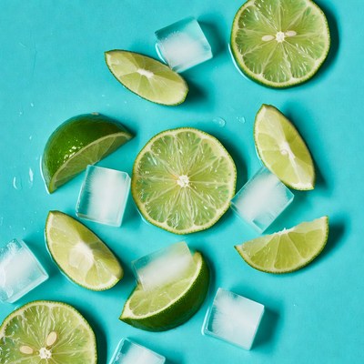 Fresh lime slices with ice cubes