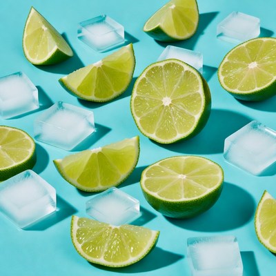 Fresh lime slices with ice cubes