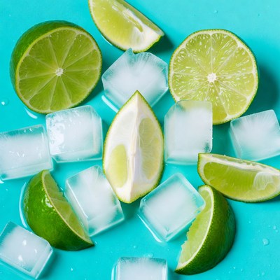 Fresh lime slices with ice cubes
