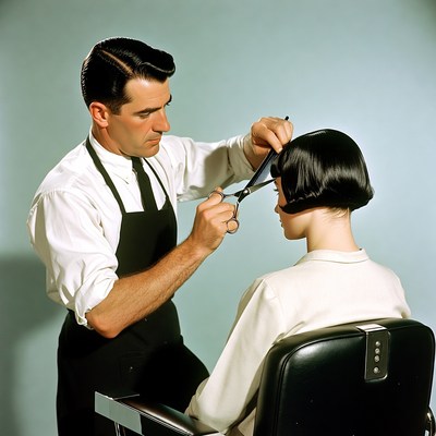 Barber cutting woman's bob haircut