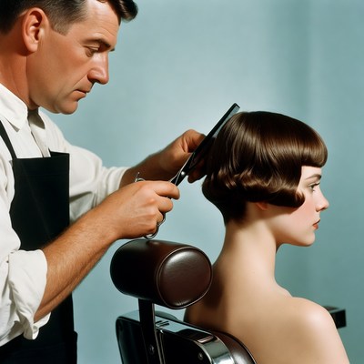 Barber cutting woman's bob haircut