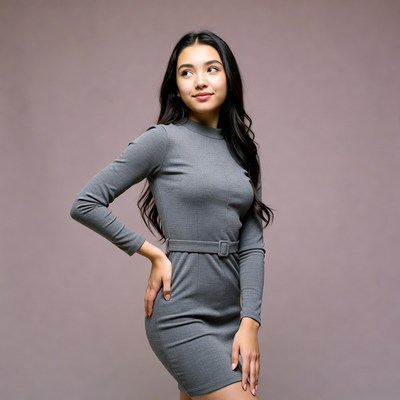 Asian woman in gray dress posing