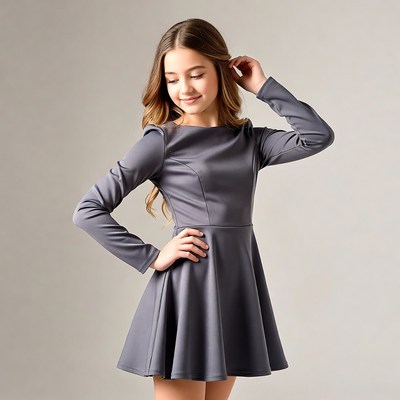 Teen girl in gray long-sleeve dress
