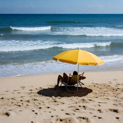 Woman relaxing on beach chair under yellow umbrella