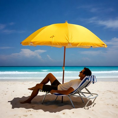 Man relaxing under yellow beach umbrella