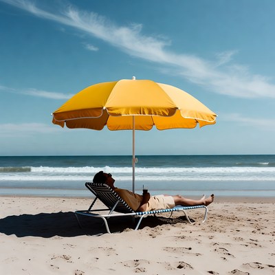 Man relaxing under yellow beach umbrella