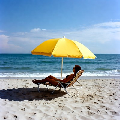 Woman relaxing on beach lounger under yellow umbrella