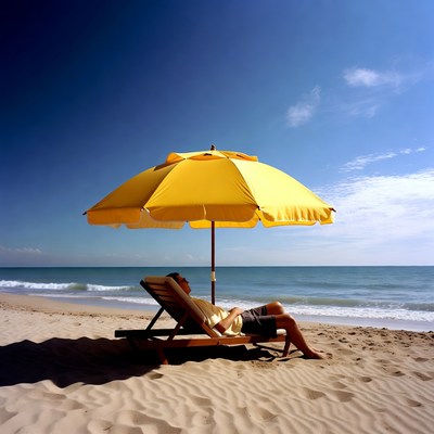 Man relaxing in beach chair under yellow umbrella