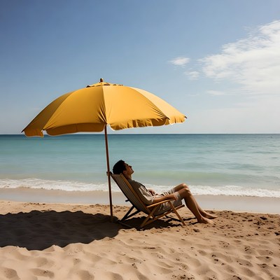Man relaxing in beach chair under yellow umbrella