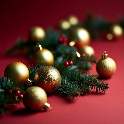 Gold Christmas Ornaments on Red Background